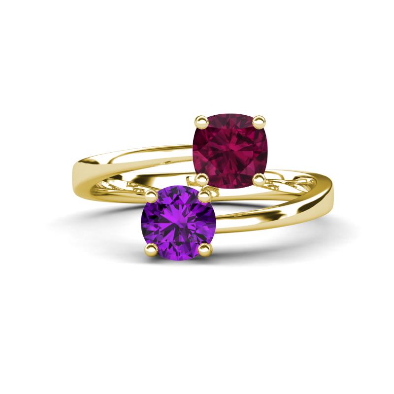 Jianna 6.00 mm Cushion Rhodolite Garnet and Round Amethyst 2 Stone Promise Ring 