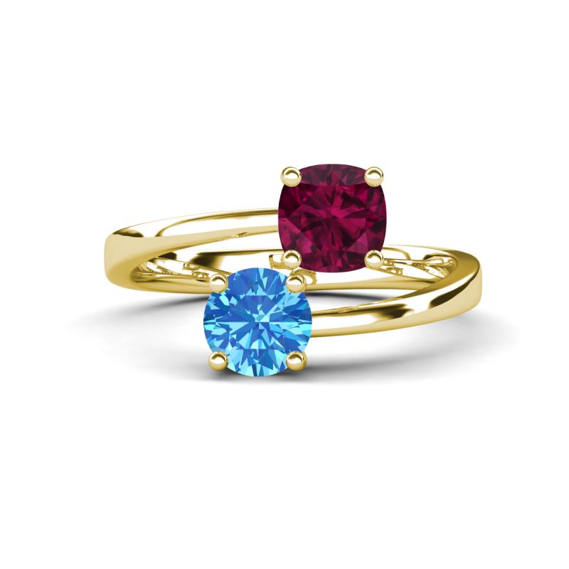 Jianna 6.00 mm Cushion Rhodolite Garnet and Round Blue Topaz 2 Stone Promise Ring 