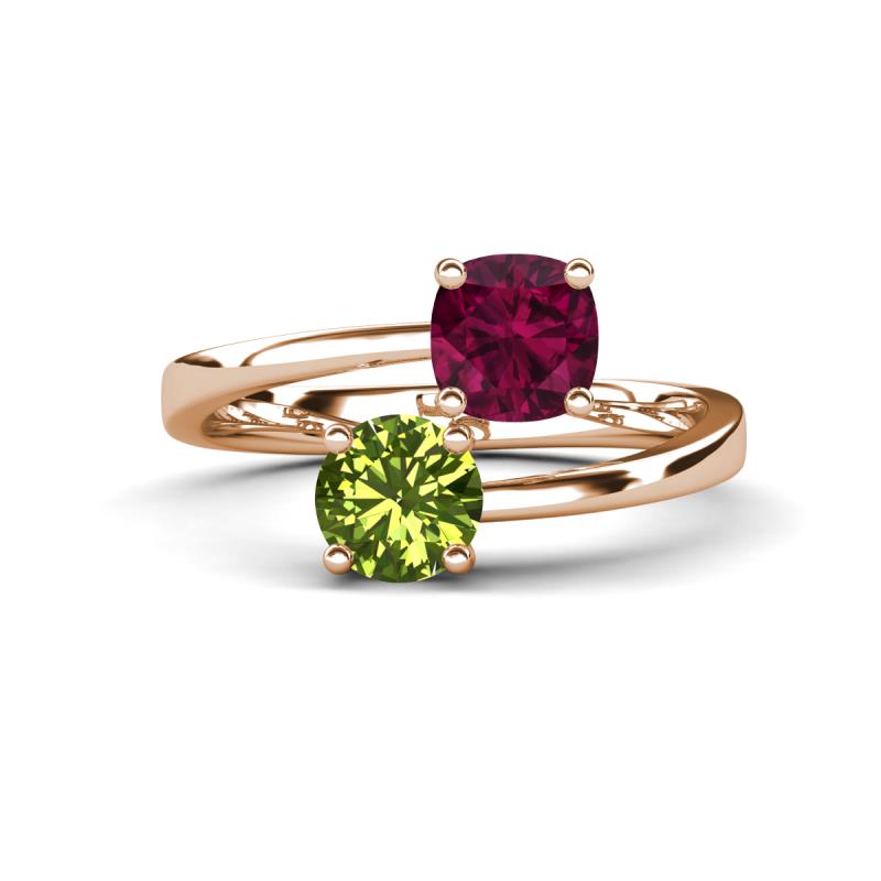 Jianna 6.00 mm Cushion Rhodolite Garnet and Round Peridot 2 Stone Promise Ring 