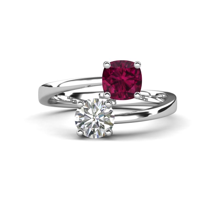 Jianna 6.00 mm Cushion Rhodolite Garnet and Round Forever One Moissanite 2 Stone Promise Ring 
