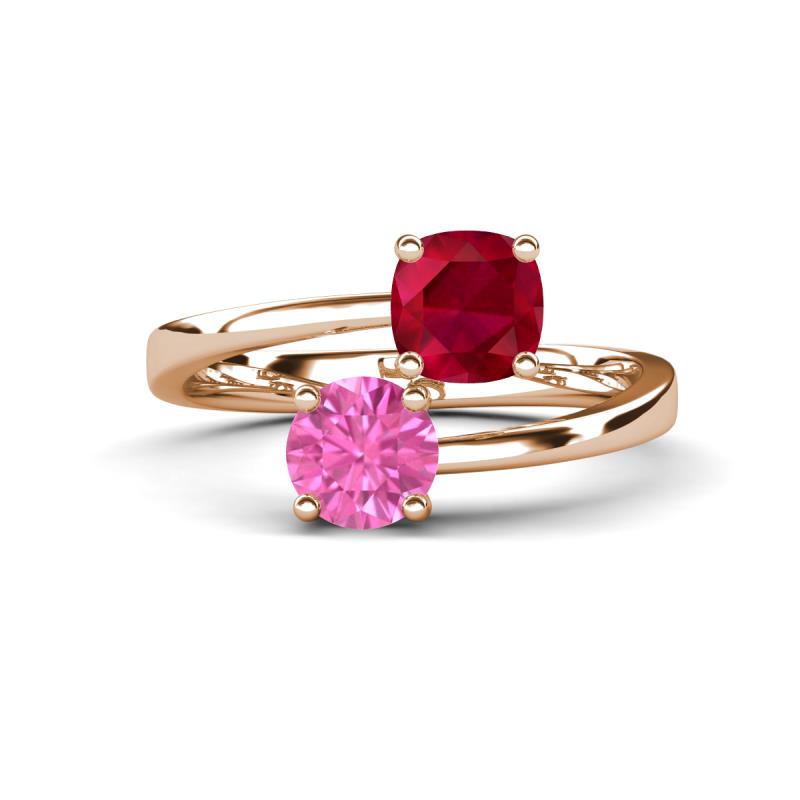 Jianna 6.00 mm Cushion Lab Created Ruby and Round Lab Created Pink Sapphire 2 Stone Promise Ring 