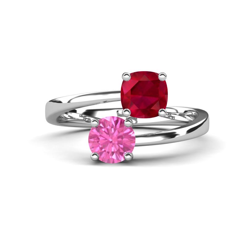Jianna 6.00 mm Cushion Lab Created Ruby and Round Lab Created Pink Sapphire 2 Stone Promise Ring 