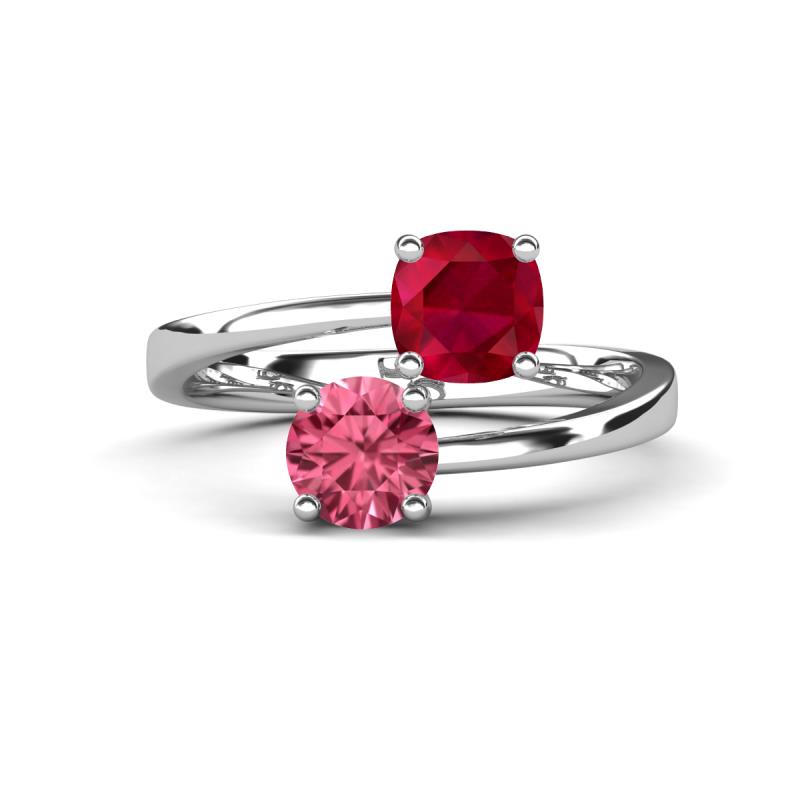 Jianna 6.00 mm Cushion Lab Created Ruby and Round Pink Tourmaline 2 Stone Promise Ring 