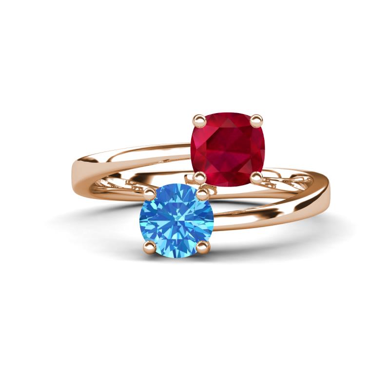 Jianna 6.00 mm Cushion Lab Created Ruby and Round Blue Topaz 2 Stone Promise Ring 