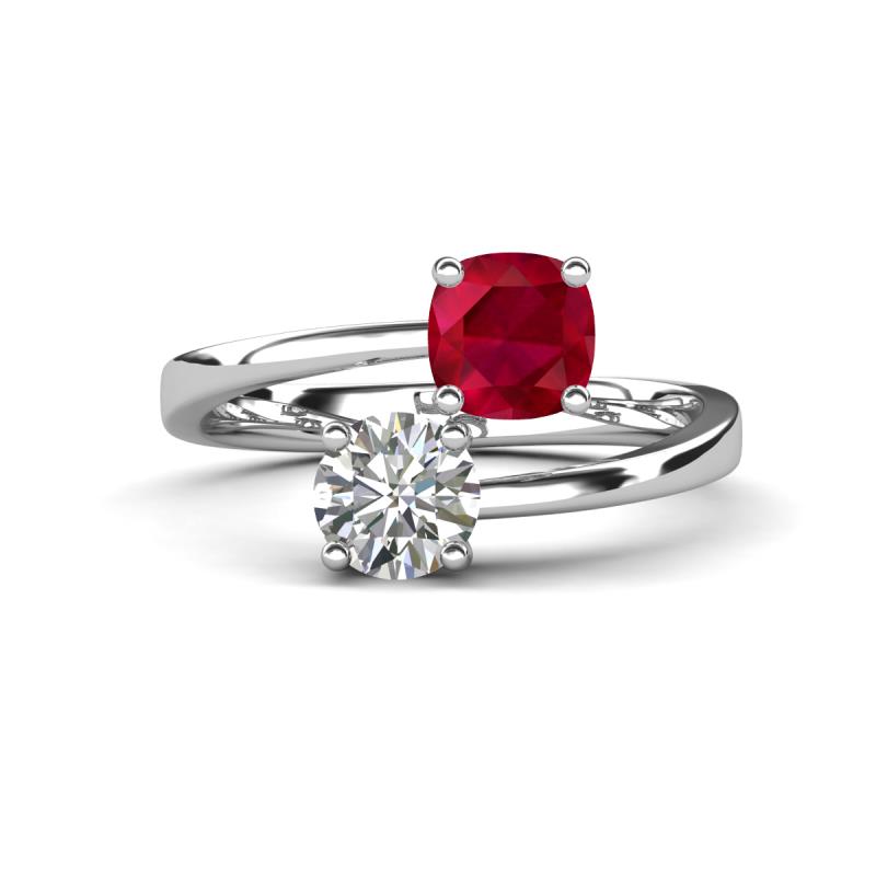 Jianna 6.00 mm Cushion Lab Created Ruby and GIA Certified Round Natural Diamond 2 Stone Promise Ring 