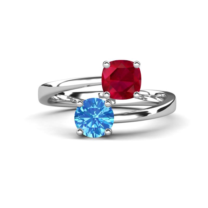 Jianna 6.00 mm Cushion Lab Created Ruby and Round Blue Topaz 2 Stone Promise Ring 