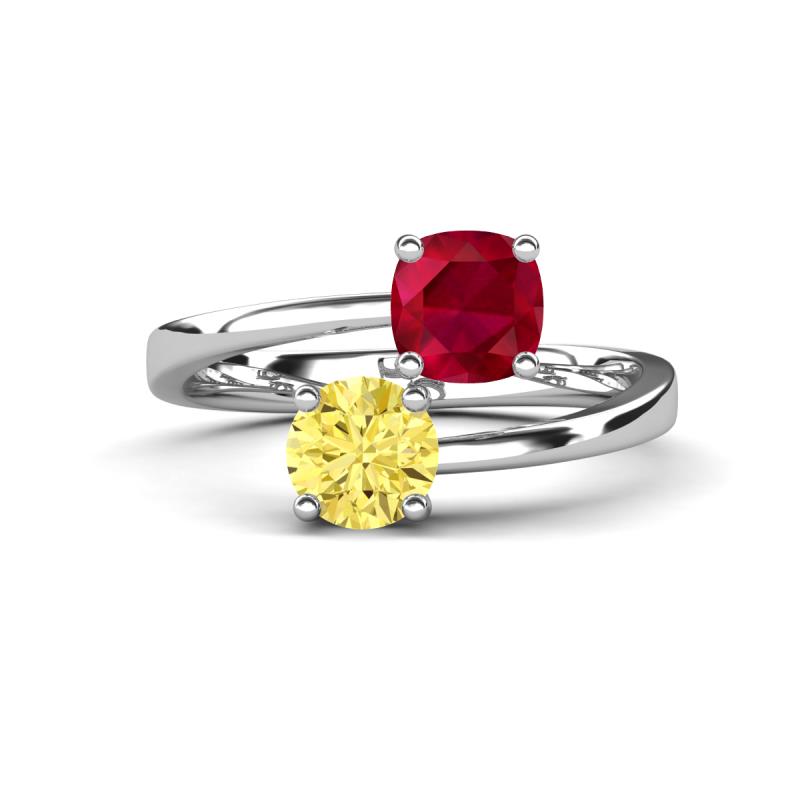 Jianna 6.00 mm Cushion Lab Created Ruby and Round Natural Created Yellow Sapphire 2 Stone Promise Ring 