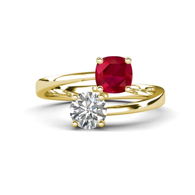 Jianna 6.00 mm Cushion Lab Created Ruby and Round Forever Brilliant Moissanite 2 Stone Promise Ring 