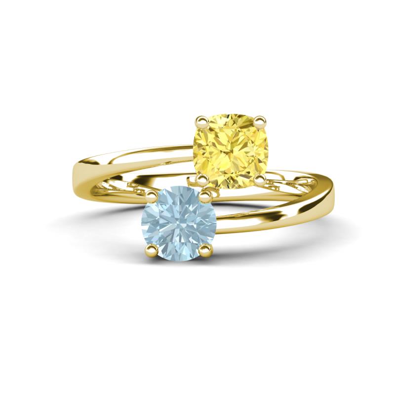 Jianna 6.00 mm Cushion Lab Created Yellow Sapphire and Round Aquamarine 2 Stone Promise Ring 