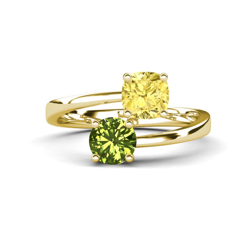 Jianna 6.00 mm Cushion Lab Created Yellow Sapphire and Round Peridot 2 Stone Promise Ring 