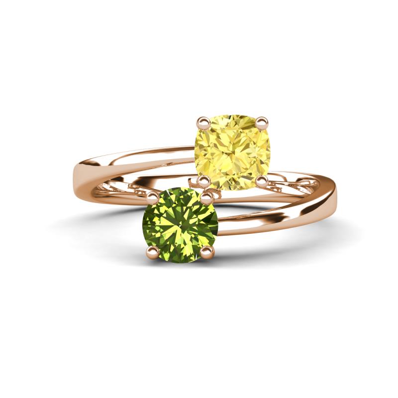 Jianna 6.00 mm Cushion Lab Created Yellow Sapphire and Round Peridot 2 Stone Promise Ring 
