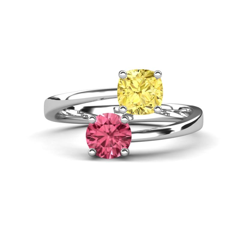 Jianna 6.00 mm Cushion Lab Created Yellow Sapphire and Round Pink Tourmaline 2 Stone Promise Ring 