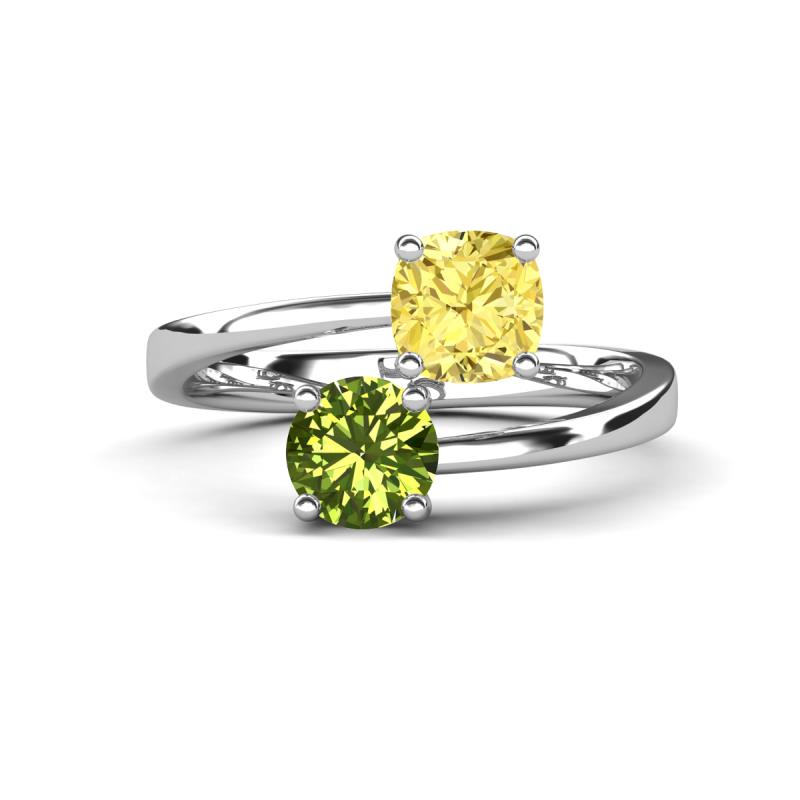 Jianna 6.00 mm Cushion Lab Created Yellow Sapphire and Round Peridot 2 Stone Promise Ring 