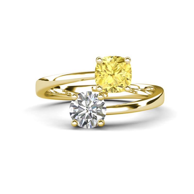 Jianna 6.00 mm Cushion Lab Created Yellow Sapphire and Round Forever Brilliant Moissanite 2 Stone Promise Ring 