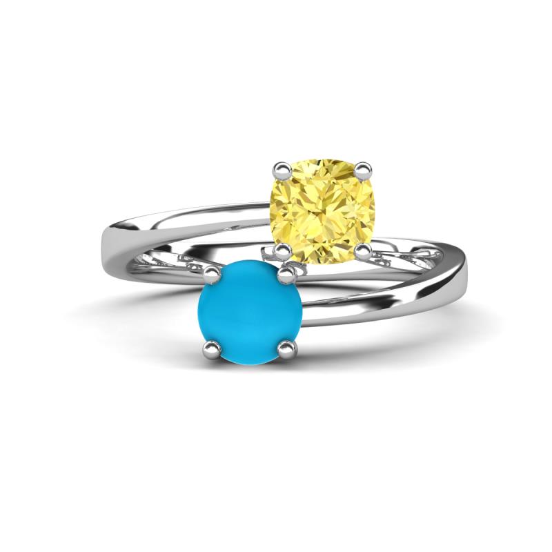 Jianna 6.00 mm Cushion Lab Created Yellow Sapphire and Round Turquoise 2 Stone Promise Ring 