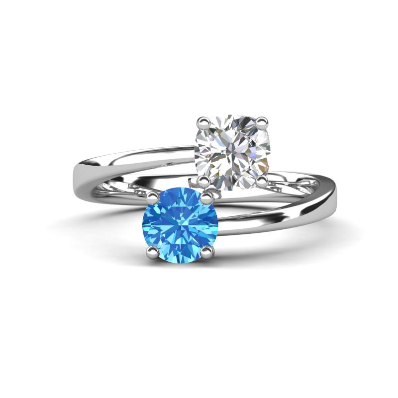 Jianna 6.00 mm Cushion Forever Brilliant Moissanite and Round Blue Topaz 2 Stone Promise Ring 