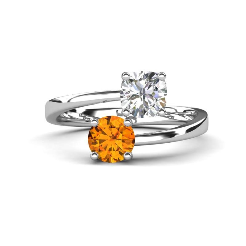 Jianna 6.00 mm Cushion Forever Brilliant Moissanite and Round Citrine 2 Stone Promise Ring 