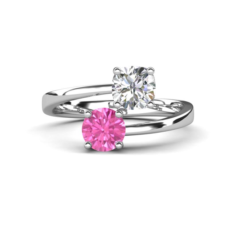 Jianna 6.00 mm Cushion Forever One Moissanite and Round Lab Created Pink Sapphire 2 Stone Promise Ring 