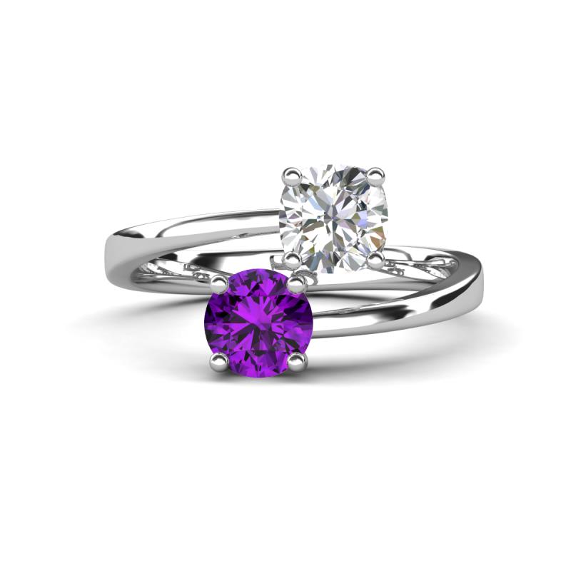 Jianna 6.00 mm Cushion Forever One Moissanite and Round Amethyst 2 Stone Promise Ring 