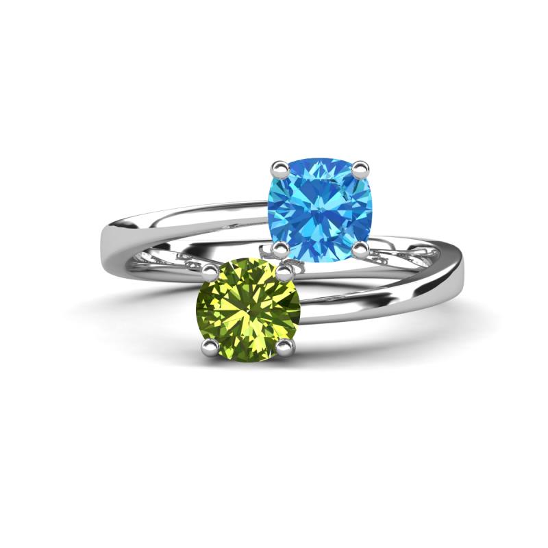 Jianna 6.00 mm Cushion Blue Topaz and Round Peridot 2 Stone Promise Ring 