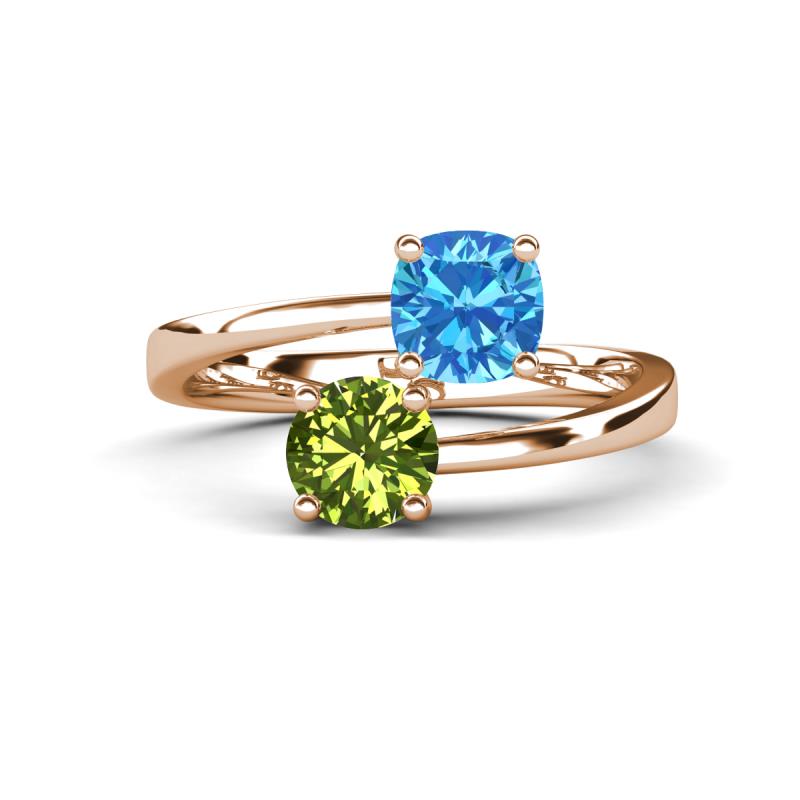 Jianna 6.00 mm Cushion Blue Topaz and Round Peridot 2 Stone Promise Ring 