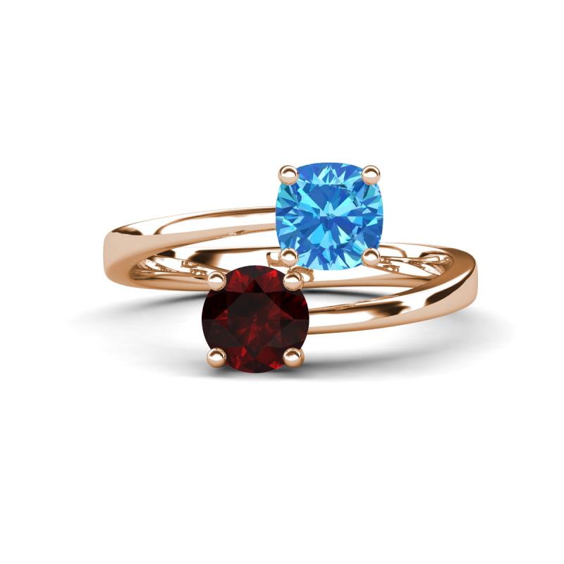 Jianna 6.00 mm Cushion Blue Topaz and Round Red Garnet 2 Stone Promise Ring 