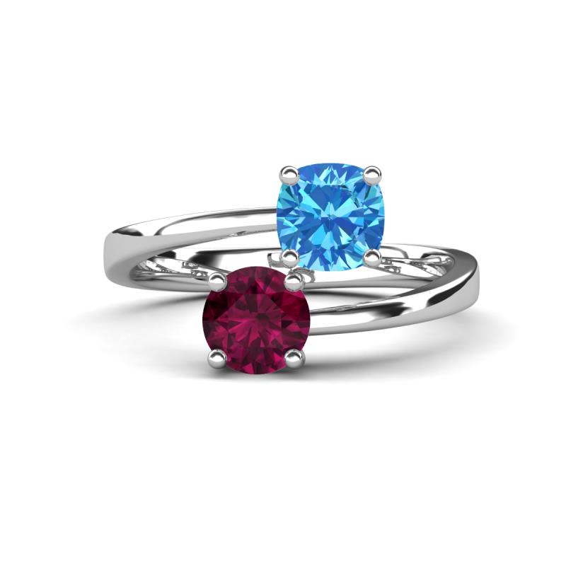 Jianna 6.00 mm Cushion Blue Topaz and Round Rhodolite Garnet 2 Stone Promise Ring 