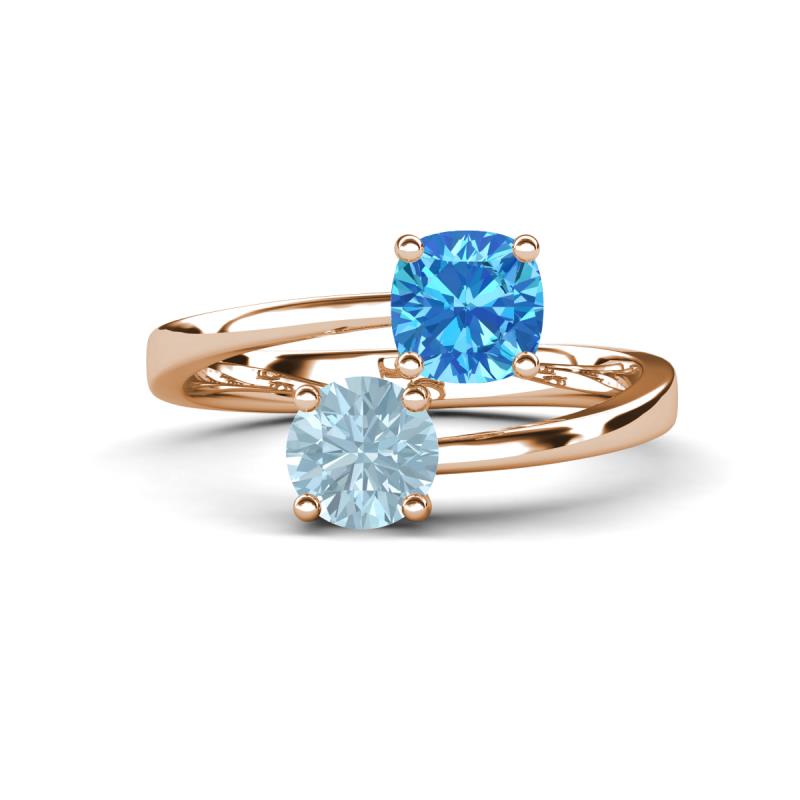 Jianna 6.00 mm Cushion Blue Topaz and Round Aquamarine 2 Stone Promise Ring 
