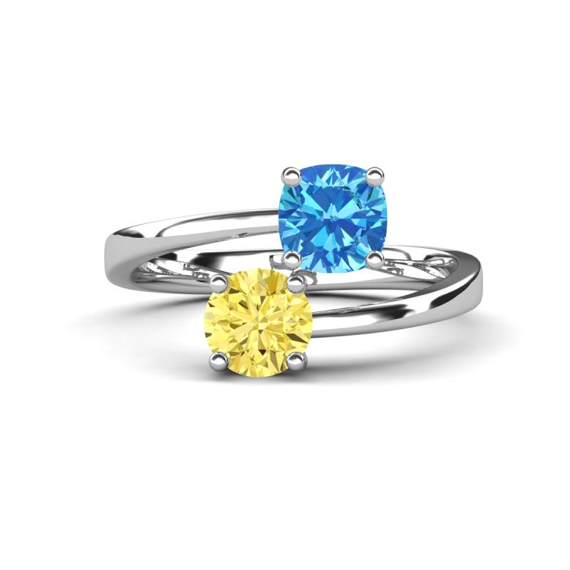 Jianna 6.00 mm Cushion Blue Topaz and Round Lab Created Yellow Sapphire 2 Stone Promise Ring 