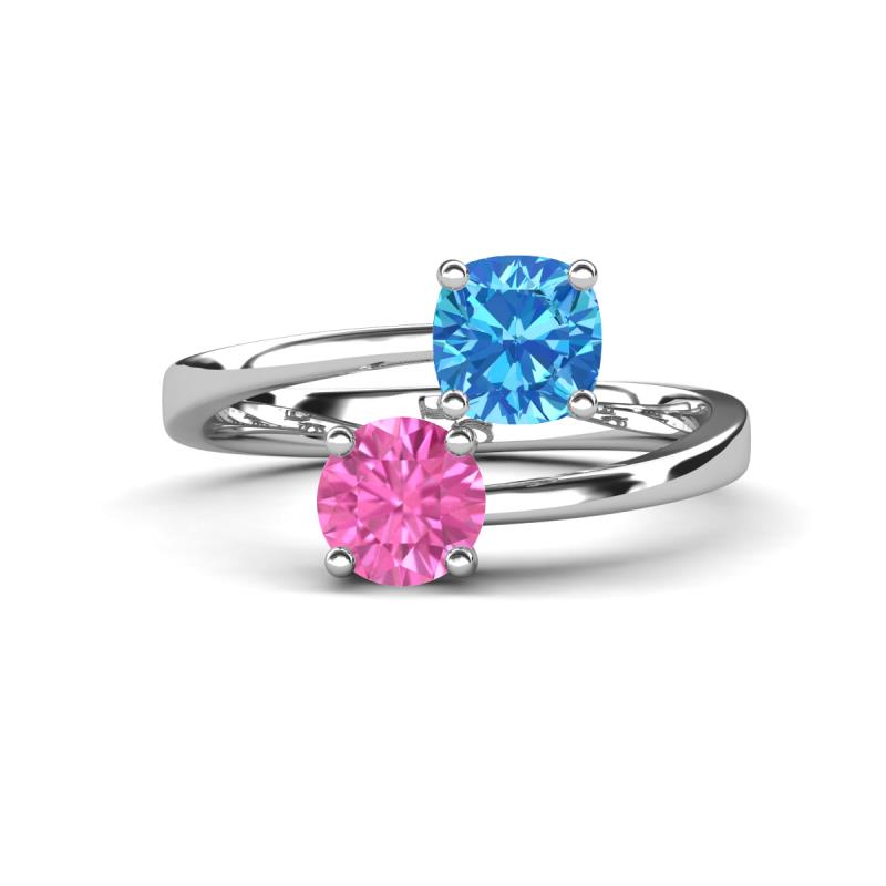 Jianna 6.00 mm Cushion Blue Topaz and Round Lab Created Pink Sapphire 2 Stone Promise Ring 