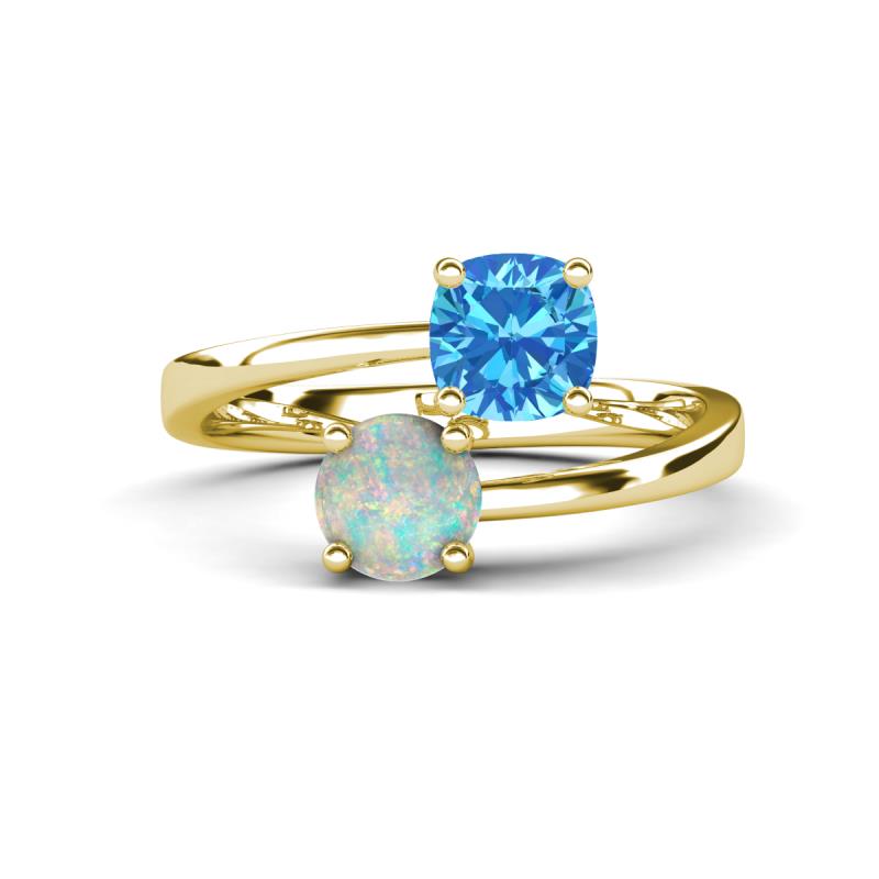 Jianna 6.00 mm Cushion Blue Topaz and Round Opal 2 Stone Promise Ring 