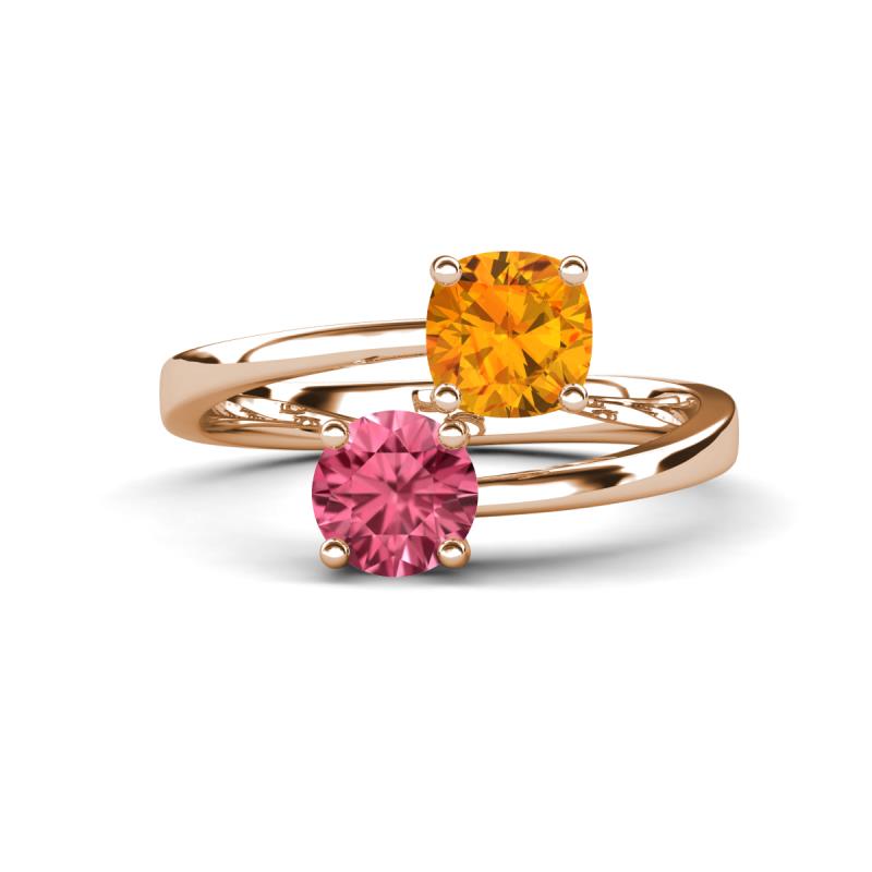 Jianna 6.00 mm Cushion Citrine and Round Pink Tourmaline 2 Stone Promise Ring 