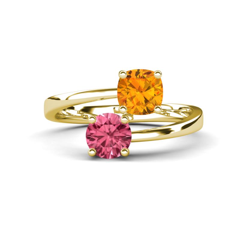 Jianna 6.00 mm Cushion Citrine and Round Pink Tourmaline 2 Stone Promise Ring 