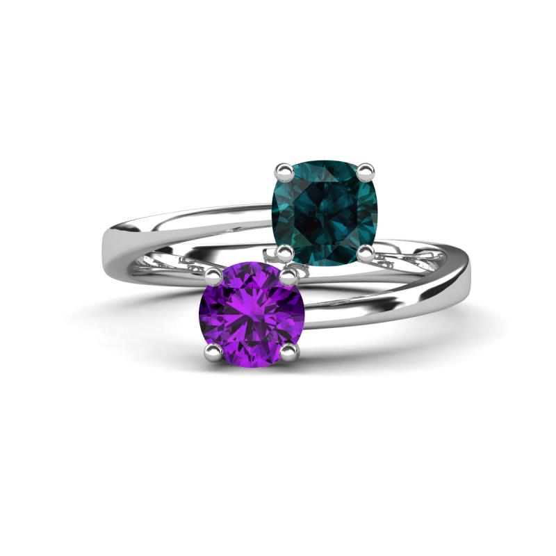 Jianna 6.00 mm Cushion London Blue Topaz and Round Amethyst 2 Stone Promise Ring 