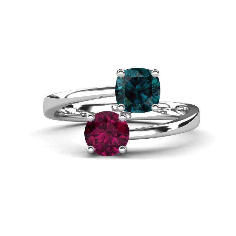 Jianna 6.00 mm Cushion London Blue Topaz and Round Rhodolite Garnet 2 Stone Promise Ring 