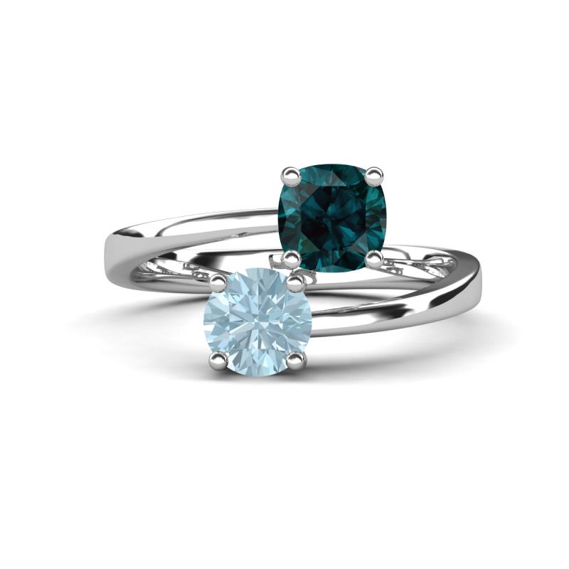Jianna 6.00 mm Cushion London Blue Topaz and Round Aquamarine 2 Stone Promise Ring 