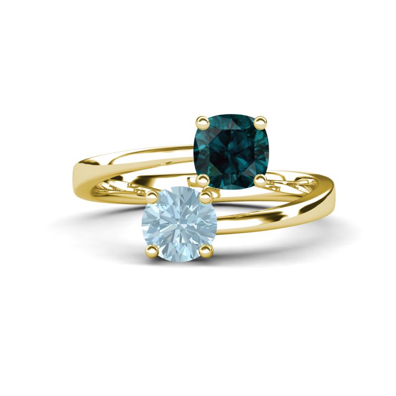 Jianna 6.00 mm Cushion London Blue Topaz and Round Aquamarine 2 Stone Promise Ring 