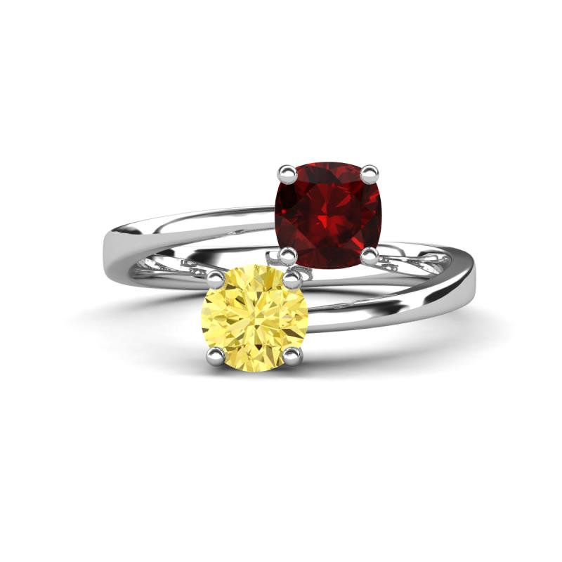 Jianna 6.00 mm Cushion Red Garnet and Round Lab Created Yellow Sapphire 2 Stone Promise Ring 