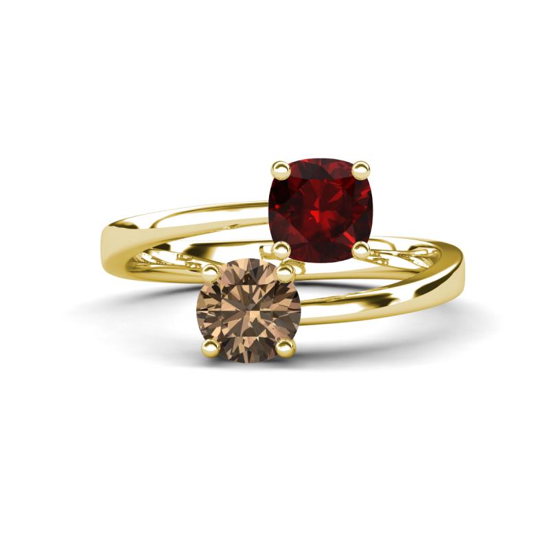 Jianna 6.00 mm Cushion Red Garnet and Round Smoky Quartz 2 Stone Promise Ring 