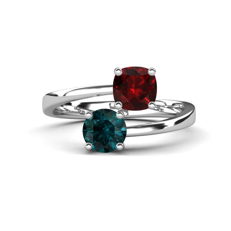 Jianna 6.00 mm Cushion Red Garnet and Round London Blue Topaz 2 Stone Promise Ring 