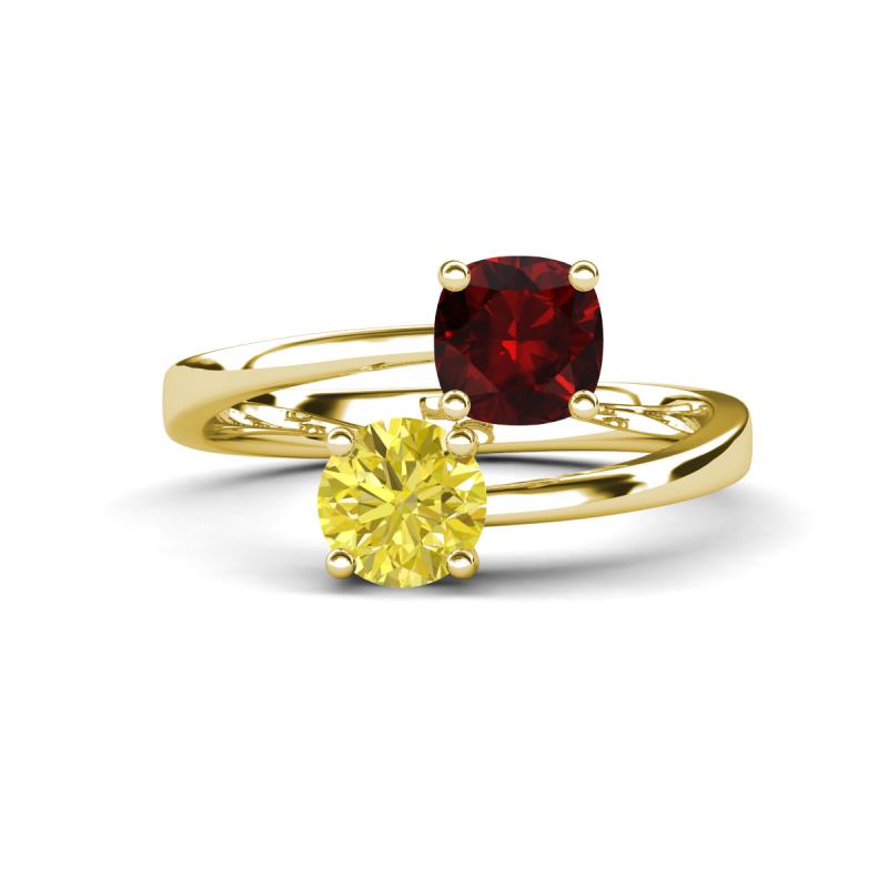 Jianna 6.00 mm Cushion Red Garnet and Round Yellow Diamond 2 Stone Promise Ring 