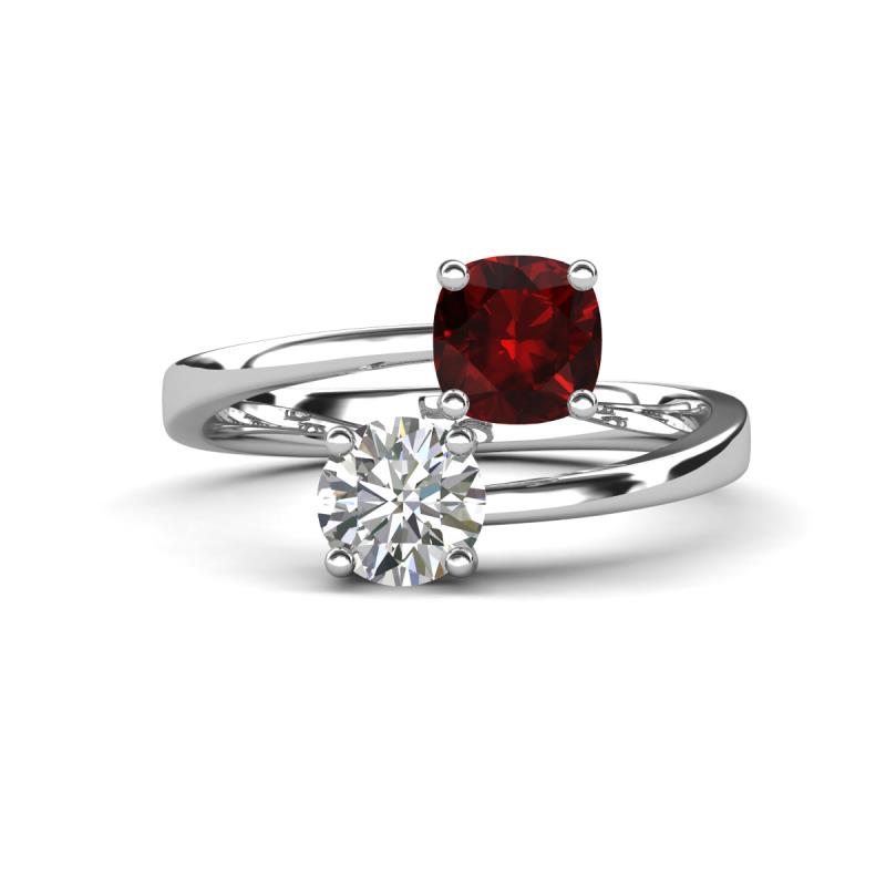 Jianna 6.00 mm Cushion Red Garnet and IGI Certified Round Lab Grown Diamond 2 Stone Promise Ring 
