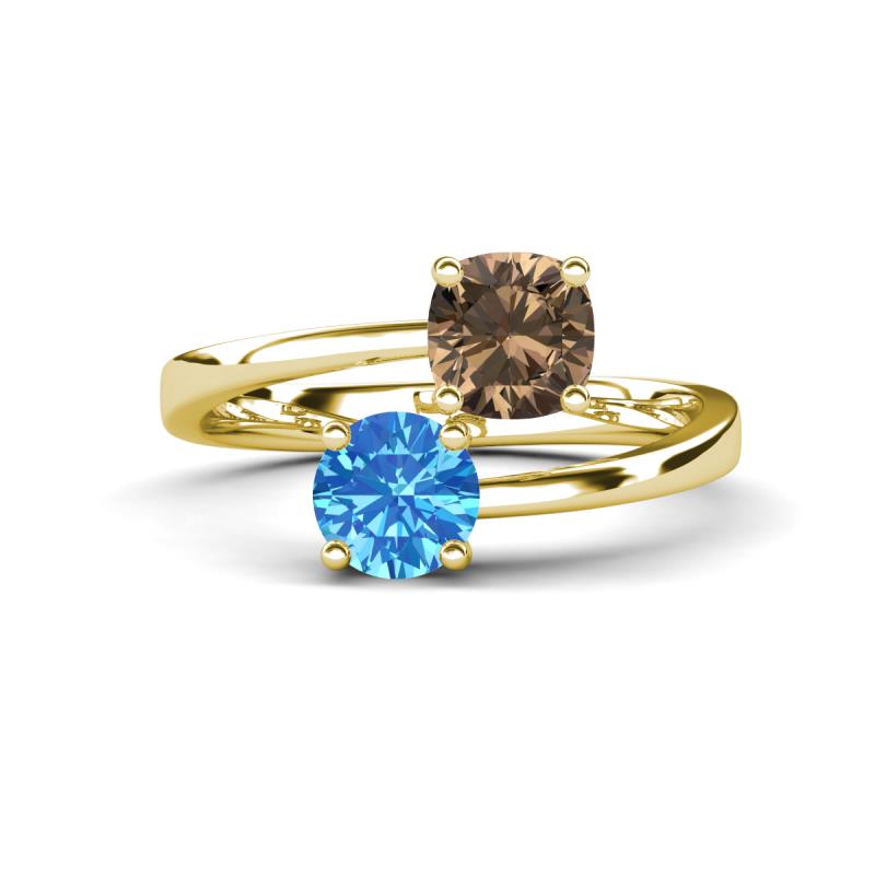Jianna 6.00 mm Cushion Smoky Quartz and Round Blue Topaz 2 Stone Promise Ring 