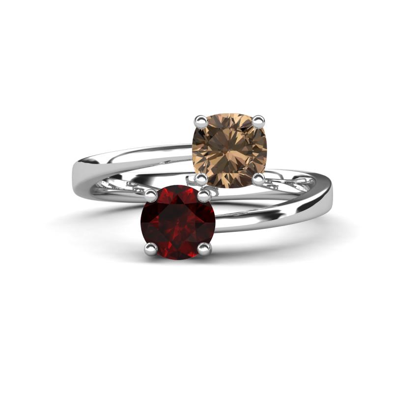 Jianna 6.00 mm Cushion Smoky Quartz and Round Red Garnet 2 Stone Promise Ring 