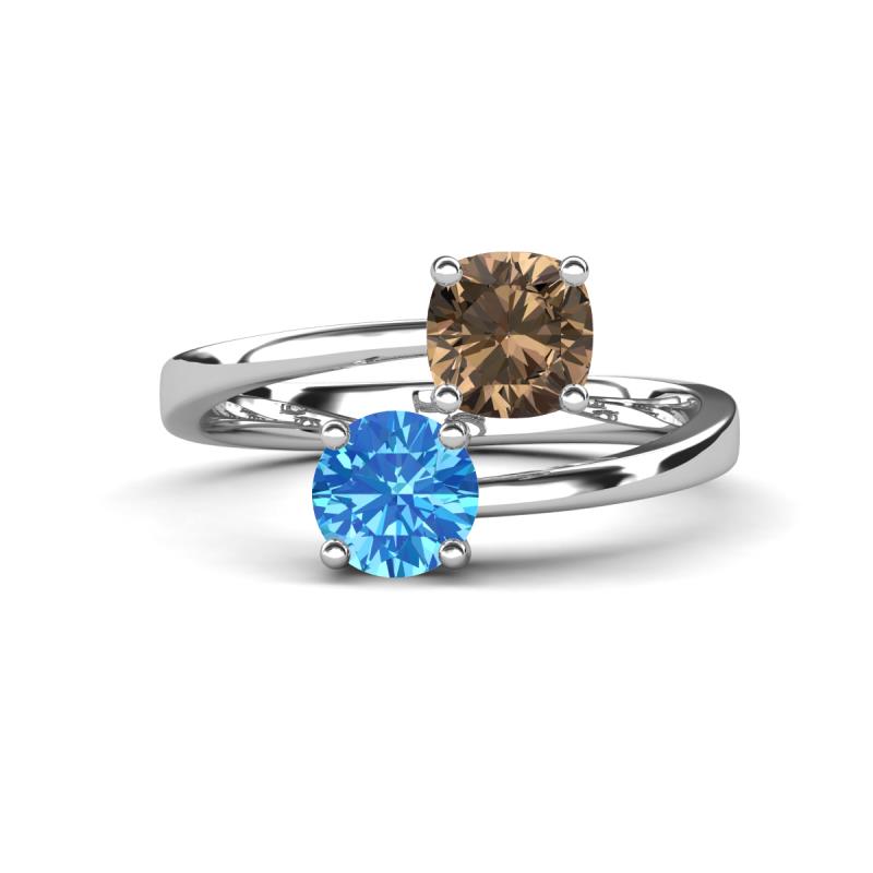 Jianna 6.00 mm Cushion Smoky Quartz and Round Blue Topaz 2 Stone Promise Ring 
