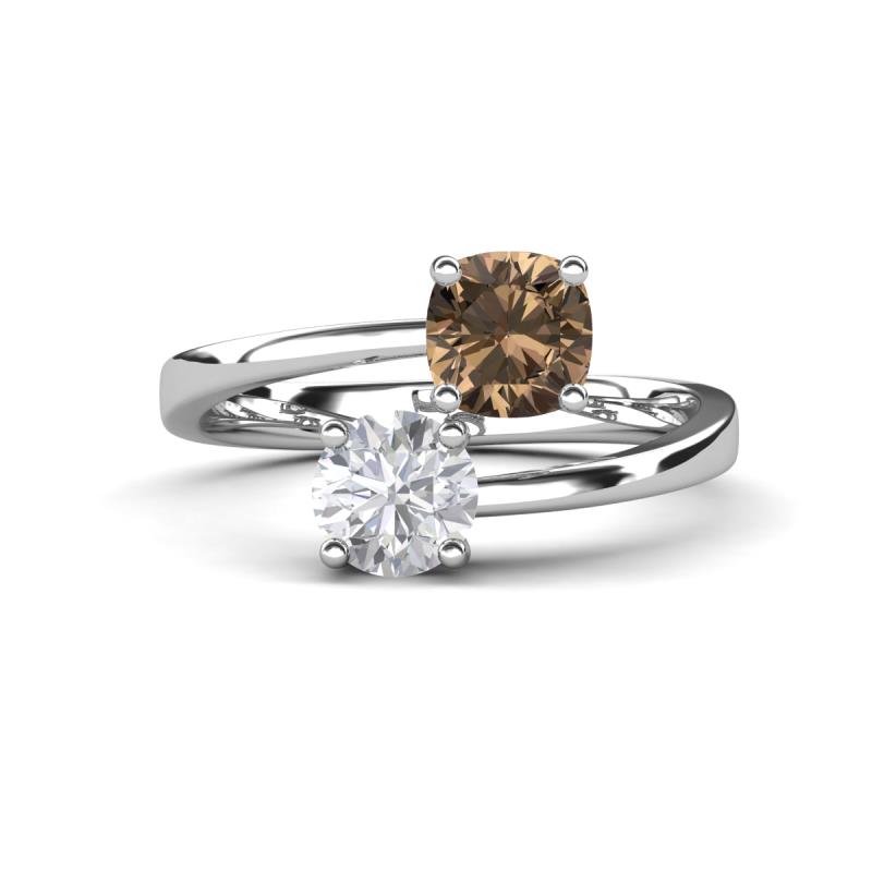 Jianna 6.00 mm Cushion Smoky Quartz and Round White Sapphire 2 Stone Promise Ring 