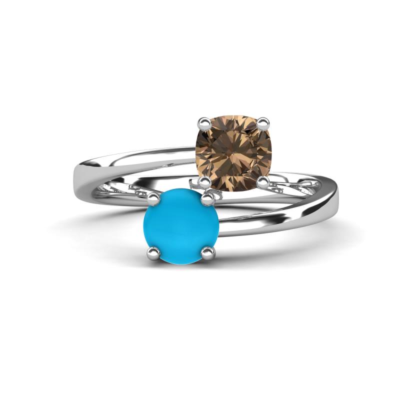 Jianna 6.00 mm Cushion Smoky Quartz and Round Turquoise 2 Stone Promise Ring 