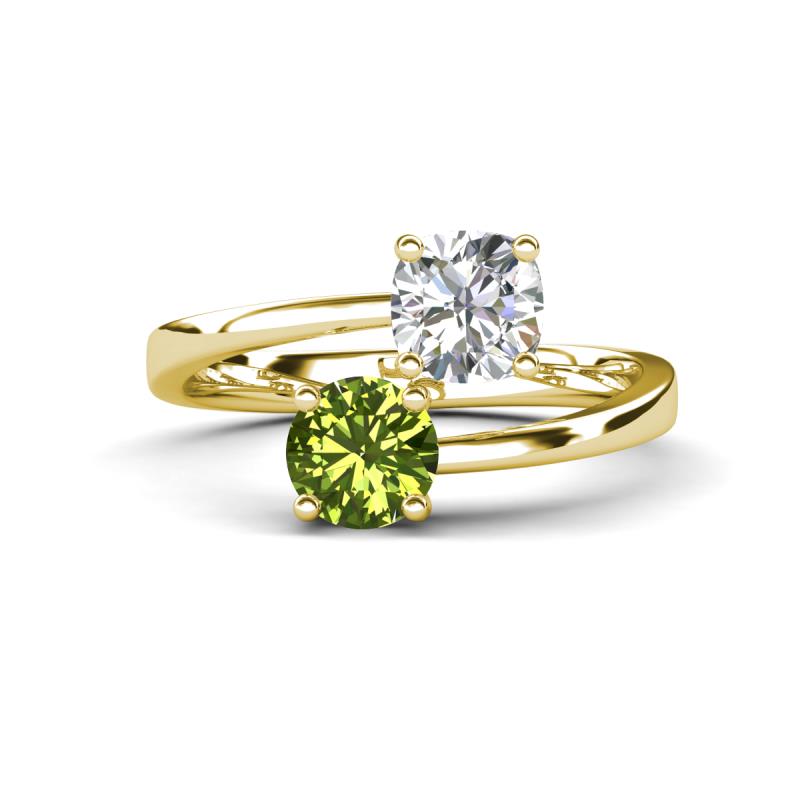 Jianna GIA Certified 6.00 mm Cushion Natural Diamond and Round Peridot 2 Stone Promise Ring 