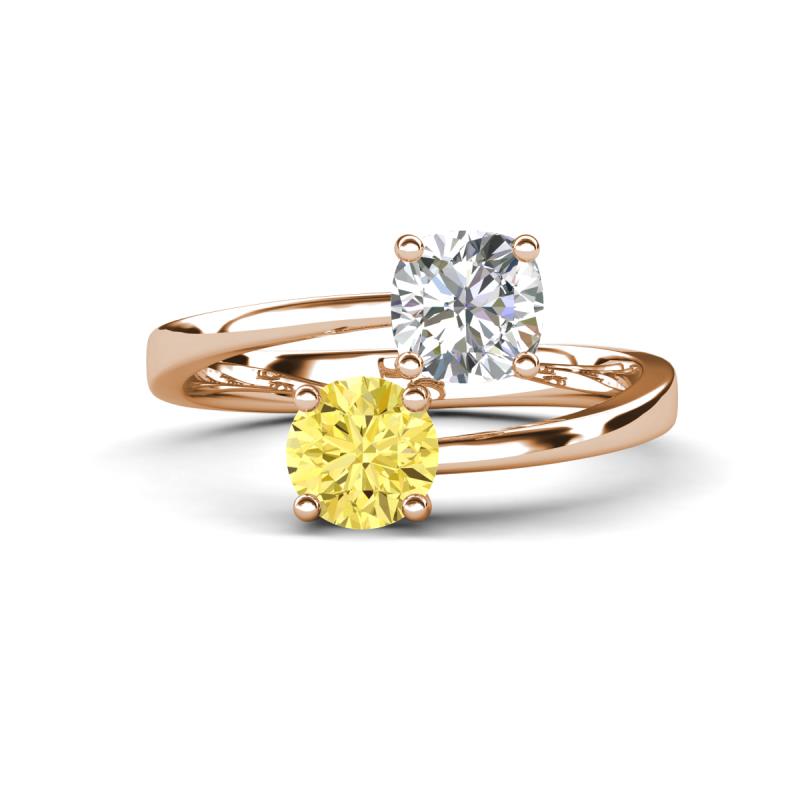Jianna GIA Certified 6.00 mm Cushion Natural Diamond and Round Lab Created Yellow Sapphire 2 Stone Promise Ring 