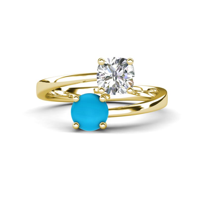 Jianna GIA Certified 6.00 mm Cushion Natural Diamond and Round Turquoise 2 Stone Promise Ring 